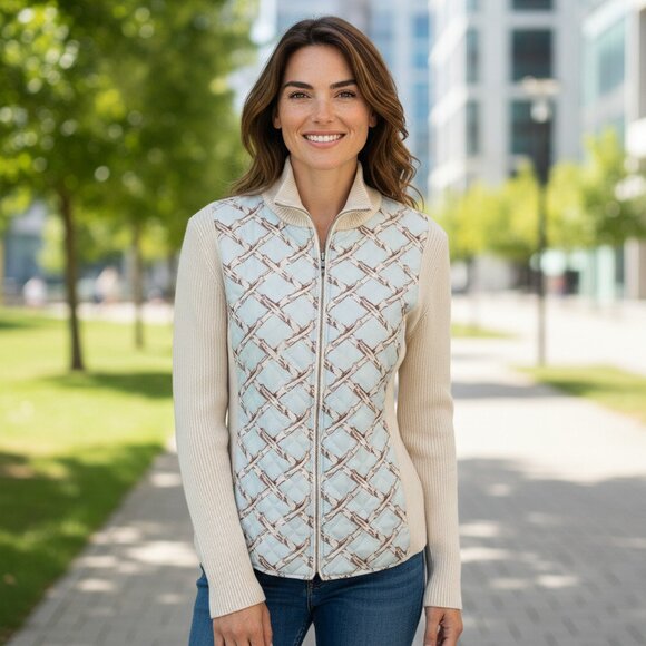 J. McLaughlin SZ L Quilted Silk Bamboo Print Sweater Jacket in Cream & Blue - Picture 1 of 9